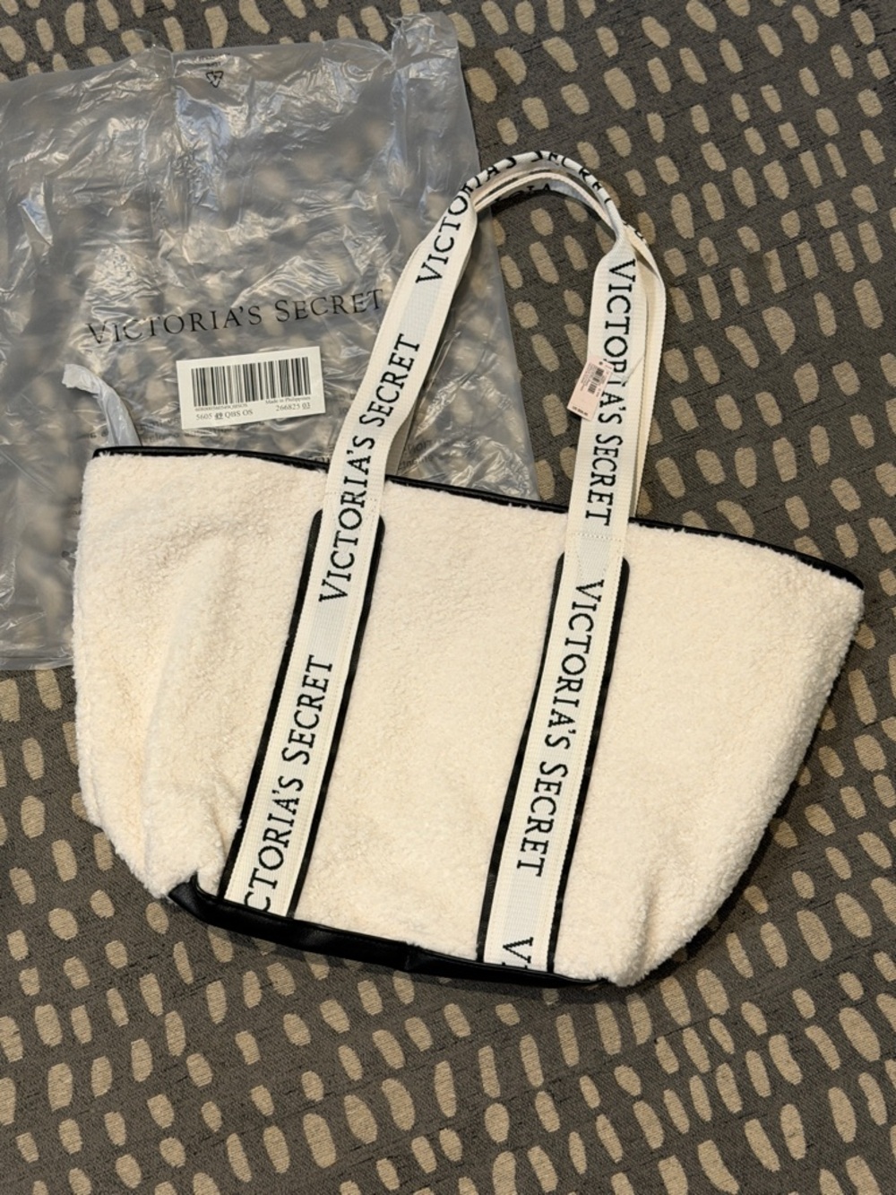 NWT Victoria's Secret Cream Terry Tote with Logo Strap Detail
